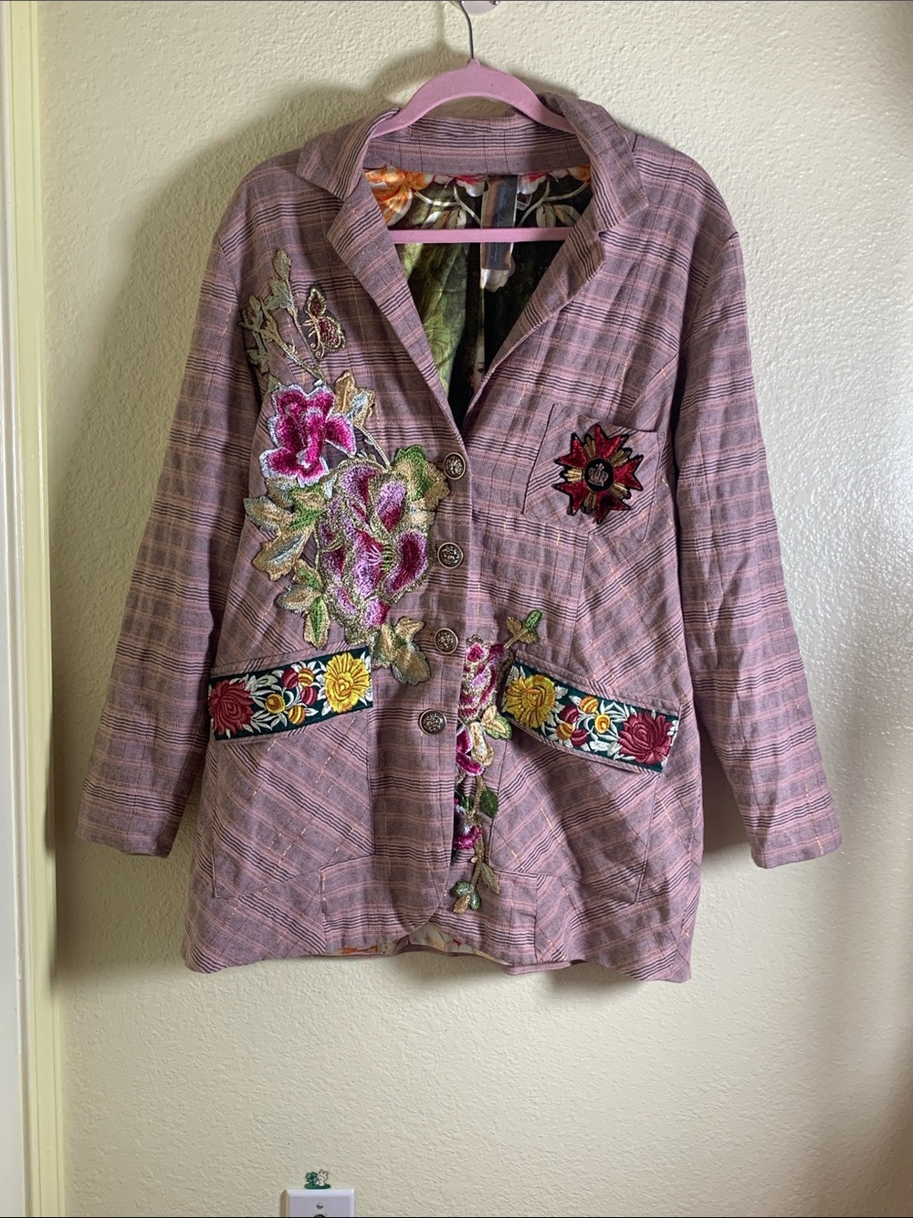 NWOT Aratta Silent Journey Pink Plaid Blazer, Size S